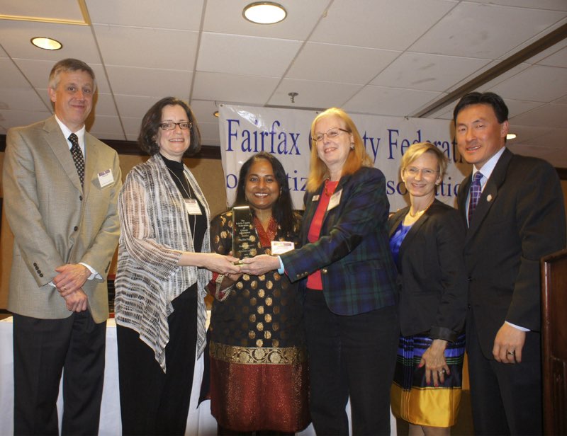 Doug Payne with his wife, Citation of Merit Honoree Phyllis Payne, Federation President Tania Hossain, School Board member Sandy Evans, Laurie Lindberg and Delegate Mark Keam